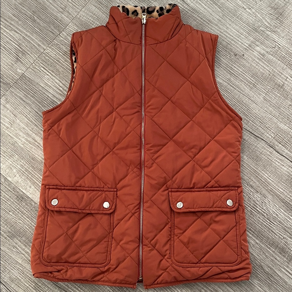 Quilted Orange Vest with Leopard Lining